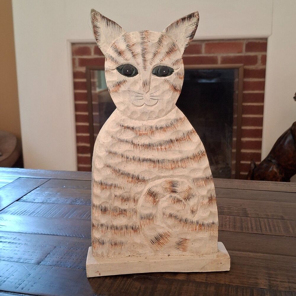 Primitive Folk Art Cat Sculpture 12" Striped Cat Figurine Rustic Decor